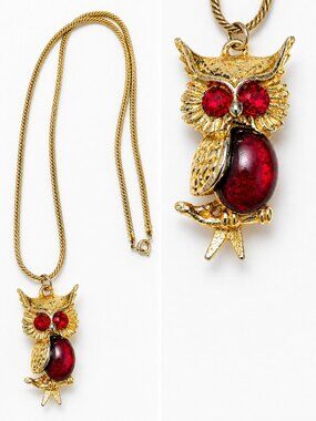 $2 with Bundle ~ Gold Tone Chain Necklace with Red Rhinestone Owl Pendant 6509
